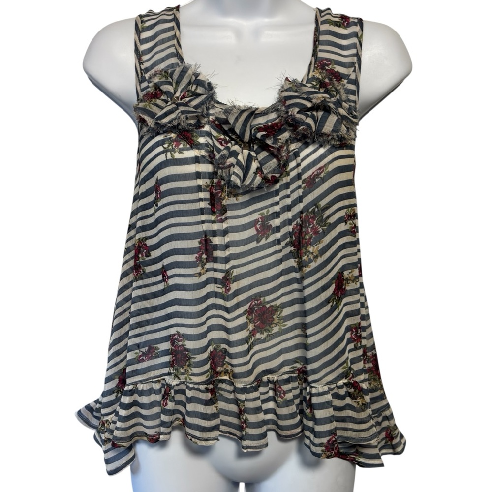 Living doll Los Angeles fairycore floral striped ruffled top with rosettes LG